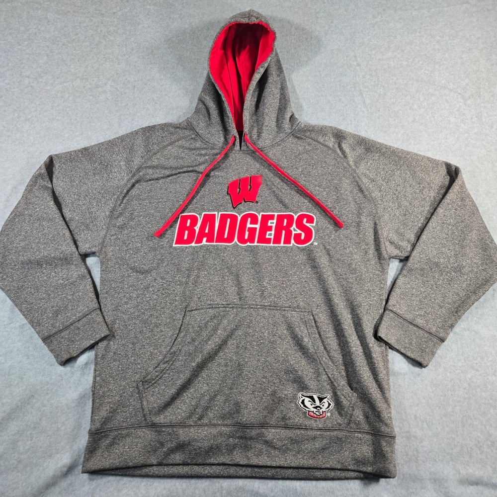 Champion Elite Wisconsin Badgers Hoodie Mens Large Gray Red Fleece Sweatshirt